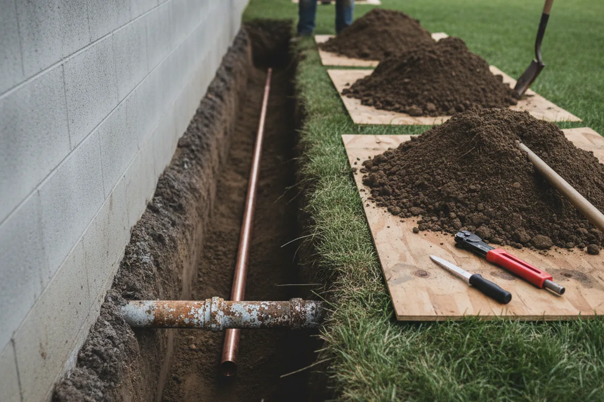 Excavated water line trench during Water Heater Repair in Manville